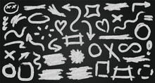 Collection Of Different Sketchy Chalk Figures In Scribbled Shape. Hand Drawn Brush Graphic Elements - Frames, Arrows, Scratches, Underlines, Dividers, Swirls. Doodle Brush Strokes On Chalkboard