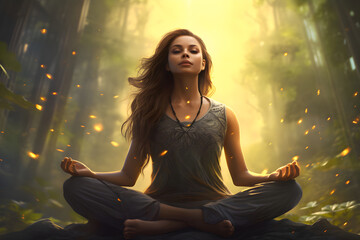 Awakening through mystical meditation. A woman in lotus pose in the forest, practicing yoga and mindfulness exercises until reaching nirvana