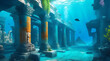 Ruins of an old historical legendary city under water. The Atlantic. A lost civilization