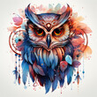 Watercolor Owl with Dreamcatcher Clipart illustration Generative Ai