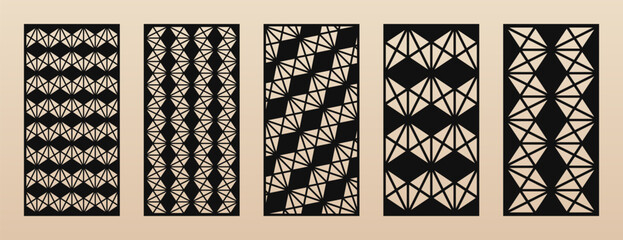 Aufkleber - Set of modern laser cut panels. Vector abstract geometric patterns with hexagonal grid, lines, triangles. Decorative stencil for laser, CNC cutting of wood, metal, paper, plastic. Aspect ratio 1:2