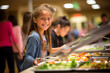 Happy child girl and other kids at buffet of cafeteria in elementary school or hotel