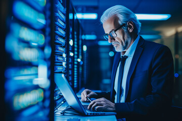 Man IT Engineers repairs technical problem and adjusts server room with laptop notebook, blue color light