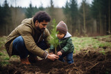 Fototapeta Miasta - Young father teaching his son the value of nature and environmental education through planting a tree. Bonding through generations, cultivating a sense of responsibility and sustainability