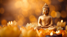 Buddha Statue Meditate With Golden Aura On Yellow Lotus Background With Light Bokeh. Banner Vesak Day