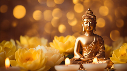 Wall Mural - buddha statue meditate with golden aura on yellow lotus background with light bokeh. banner vesak da