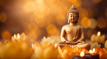 Wall Mural - buddha statue meditate with golden aura on yellow lotus background with light bokeh. banner vesak da