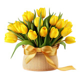 Beautiful yellow tulip flowers in a small wicker basket isolated on transparent background, png clip art, floral element.