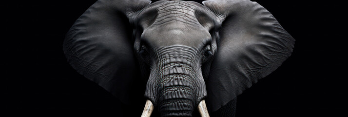 Close up elephant on gray background, wide horizontal panoramic banner with copy space, or web site header with empty area for text.
