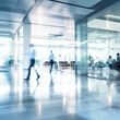 © Pink Badger - People walking in blurred motion in modern office space. Generative AI.