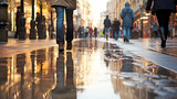Fototapeta  - City street after rain, with rear view of people walking, reflection in water. Generative AI.