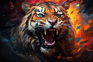 Wall Mural - A painting of a tiger with its mouth open.