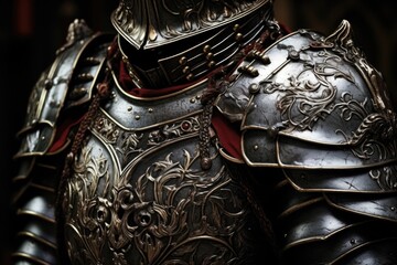 Mediaeval Armoring: Knight in Shining Metal Armor Stands in Ancient Castle, Detail of Iron Plate and Chainmail Weaving