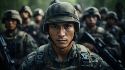 Asian soldiers looking at camera with team in the background