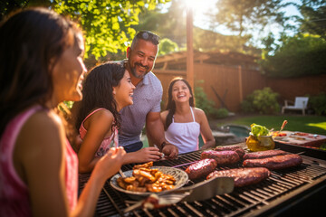 Wall Mural - Happy Hispanic family enjoying a barbecue in their backyard on a sunny day. Family bonding and outdoor fun with delicious food and warm smiles