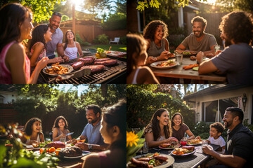 Wall Mural - Happy Hispanic family enjoying a barbecue in their backyard on a sunny day. Family bonding and outdoor fun with delicious food and warm smiles