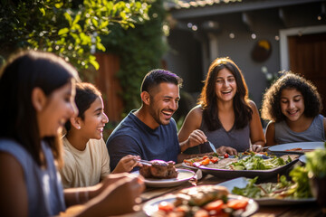 Wall Mural - Happy Hispanic family enjoying a barbecue in their backyard on a sunny day. Family bonding and outdoor fun with delicious food and warm smiles