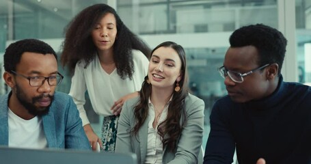 Poster - Business people, discussion in meeting with laptop in conference room, diversity and team strategy plan for project. Innovation, collaboration and cooperation, support and trust with corporate ideas