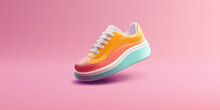 Modern Colored Sneaker 3d. Realistic Sneaker Image For Design, Walking, Shopping, And Selling Shoes. Image On A Pink Background.