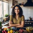 Hispanic Woman Home Cook Prepares Meal in Kitchen