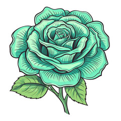 Wall Mural - Vintage sketched bright green rose isolated on white background, transparent. Cottagecore illustration