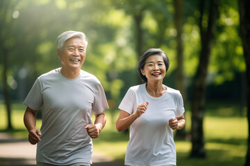 Elderly old couple jogging in a park: Celebrating health and fitness in later life