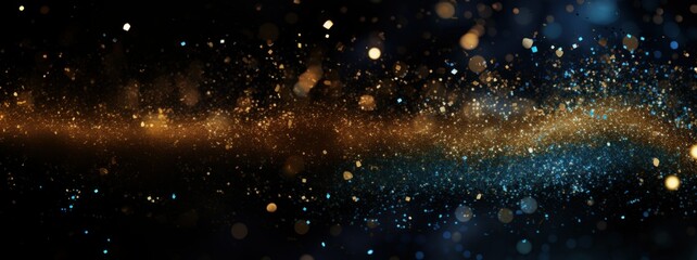 Wall Mural - Christmas Holiday Gold blue lights glitter abstract background. New year golden navy abstract bokeh shine texture. Glittering bokeh circular gold on blue background