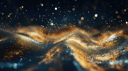 Wall Mural - Christmas Holiday Gold blue lights glitter abstract background. New year golden navy abstract bokeh shine texture. Glittering bokeh circular gold on blue background