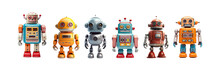 Collection Set Of Vintage Robots Toys, Miniature Figurines Isolated On Panoramic Transparent Background, Png File