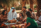 Fototapeta  - Desert Oasis Picnic: A Picturesque Snapshot of a Arab Family Enjoying Picnics in an Arid Landscape, Surrounded by Palms, Creating a Oasis Retreat in an Arabian Atmosphere.

