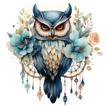 Watercolor Owl With Dreamcatcher Clipart Illustration Generative Ai