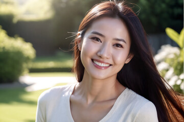 Poster - Beautiful Asian long brown hair woman smiling in sunny garden