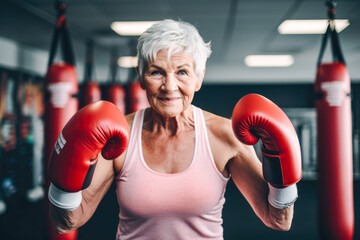 Wall Mural - Portrait of senior woman showcasing strength and resilience as a boxer, breaking stereotypes with confidence and vitality in focused exercise routine. Never too old to train