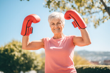 Wall Mural - Outdoor portrait of senior woman showcasing strength and resilience as a boxer, breaking stereotypes with confidence and vitality in focused exercise routine. Never too old to train