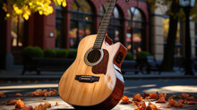 An Acoustic Guitar Leaning On A Pavement In The Warm Afternoon Sunlight.