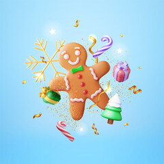 Wall Mural - 3D Holiday Gingerbread Man Cookie and Confetti. Render Cookie in Shape of Man with Colored Icing. Happy New Year Decoration. Merry Christmas Holiday. New Year Xmas Celebration. Vector illustration