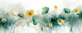 Fototapeta  - Flores pintura ilustración abstracta pétalos flor - Fondo acuarela - Dorado oro - Verde