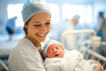 Nurse cradling a newborn baby, displaying genuine emotions of nurture and care for infant. New beginnings moment captured in a modern hospital setting