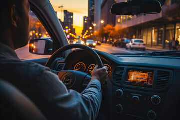 Man driving through the city streets at dusk, view from back seat. Concept of rush hour and moving city traffic