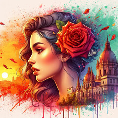 Wall Mural - magnificent realistic cartoon art, logo for t-shirt print, splash of colors, side face of a spanish woman with rose in her hair, ultra realistic details, sunset, spain