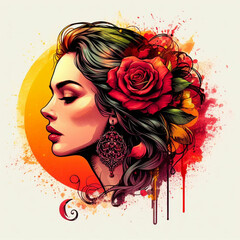 Wall Mural - magnificent realistic cartoon art, logo for t-shirt print, splash of colors, side face of a spanish woman with rose in her hair, ultra realistic details, sunset, spain