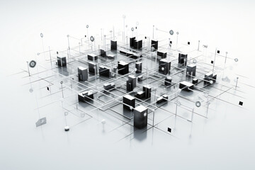 3D render of translucent cubes connected by lines on a white surface