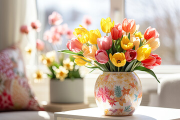 Canvas Print - Easter  spring tulip  bouquet in vase on the table, card decoration