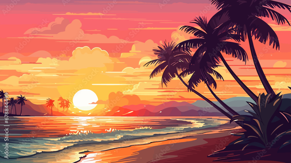 Tropical beach at sunset with palms. Vector illustration in cartoon ...