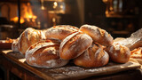 Fototapeta  - Sunlight filtering through a bakery window onto loaves of bread.
