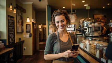Canvas Print - A cafe worker, wearing an apron and using a smartphone, standing at the counter of a warmly lit cafe with coffee equipment in the background.