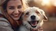 © Studio Nova - Close-up moment of happiness and affection between a smiling woman and her joyful dog, with a focus on the animal's face and the woman's smiling expression in warm sunlight.
