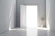 Open door in empty room with white walls