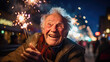© Studio Nova - Elderly man wearing glasses is looking up and laughing with joy at a display of fireworks in the night sky, surrounded by a backdrop of glowing bokeh lights.