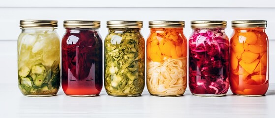 Wall Mural - Bright fermented vegetables are stored in glass jars